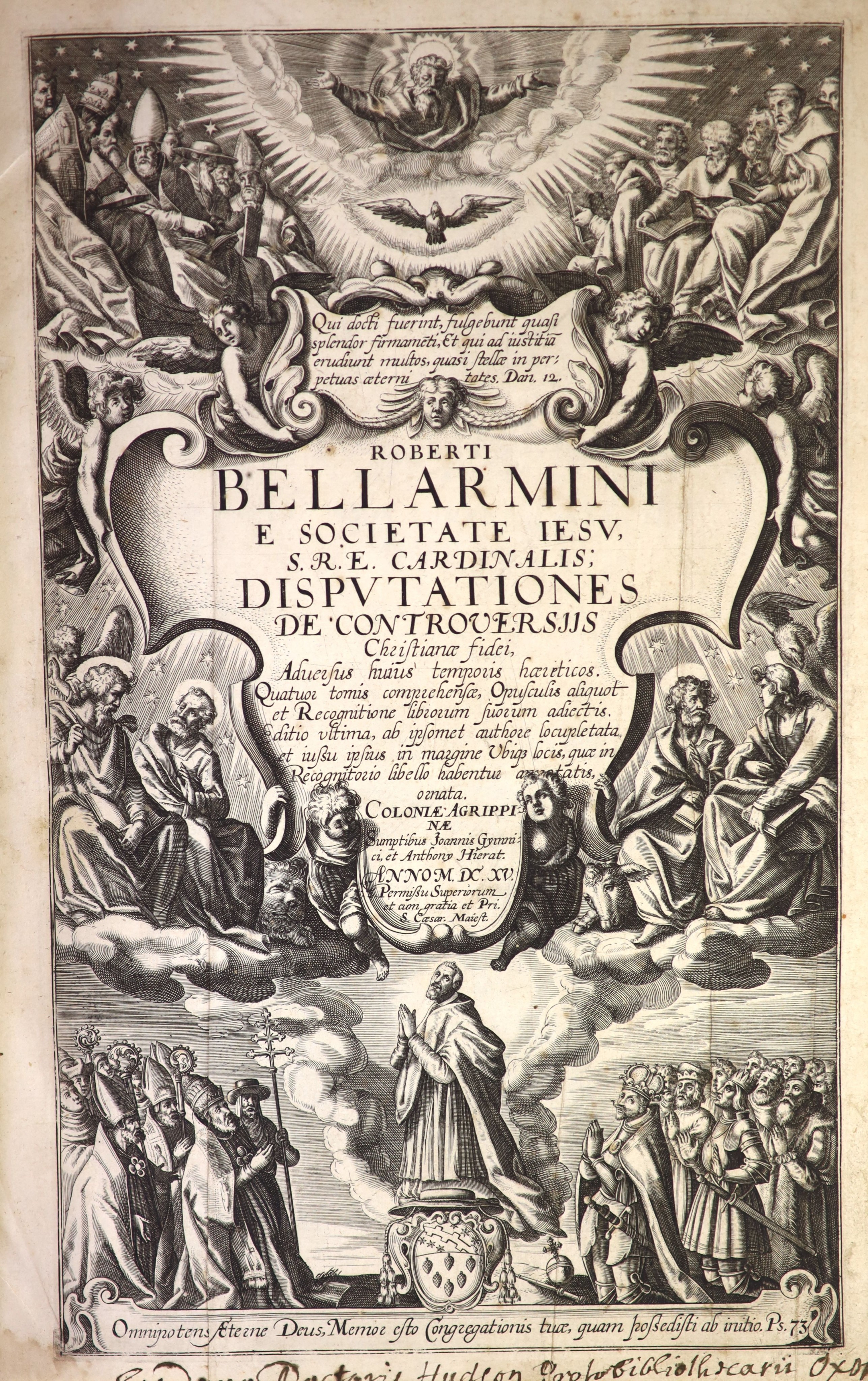 Bellarminus, Robert - De Controversiis Christinae Fidei ... 4 vols (in 2). pictorial engraved and printed titles (vol.I), printed titles in other vols, engraved devices on titles